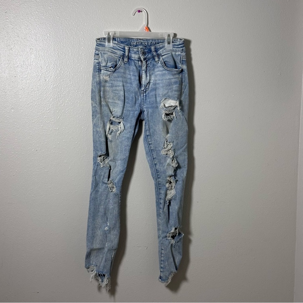 American Eagle Distressed Hi-Rise Jegging Crop Light Blue Women's Jeans size 4‎